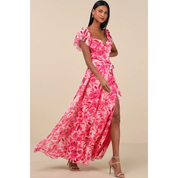 Lulus Sensationally Sweeter Floral Ruffled Maxi Dress Lace Up Backless, Pink NWT - Picture 3 of 12